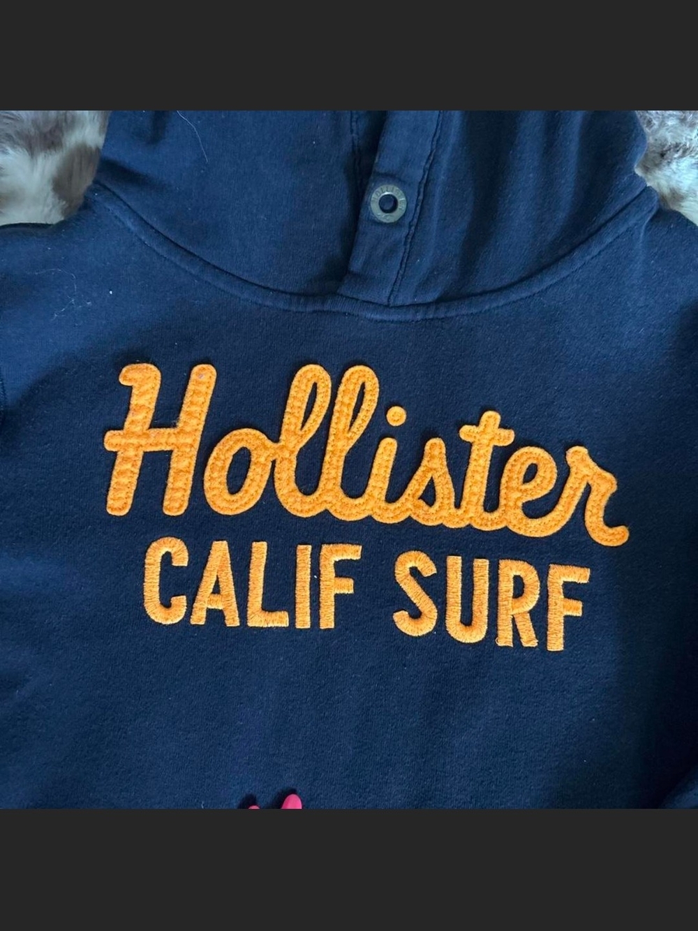 Hollister Navy Hoodie with Gold Embroidered 'Calif Surf'
